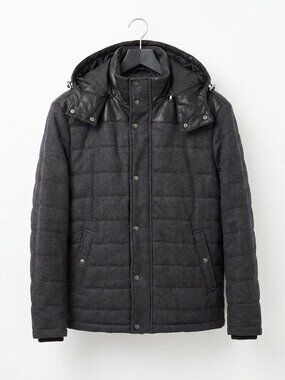 Vince Men's Dark Gray Wool Coat with Leather Hood